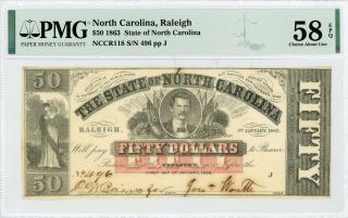 1863 Cr.  118 $50 The State Of North Carolina Note - Civil War Era Pmg Au 58 Epq