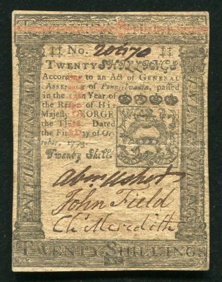 Pa - 169 October 1,  1773 20s Twenty Shillings Pennsylvania Colonial Currency Note
