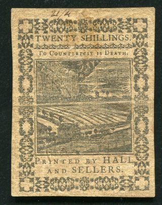 PA - 169 OCTOBER 1,  1773 20s TWENTY SHILLINGS PENNSYLVANIA COLONIAL CURRENCY NOTE 2