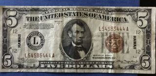 1934 A $5 Federal Reserve Note,  Ww Ii Hawaii Emergency Issue,  Brown Seal,