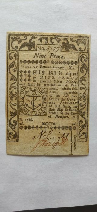 1786 Rhode Island Colonial Currency Ri - 291 May 1786 Nine Pence