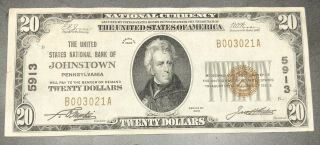 Johnstown Pa $20 1929 Type 1 National Bank Note Ch 5913 United States Nb Vf