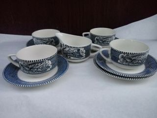 Currier And Ives Coffee Tea Cups And Saucers Creamer Under Saucer 10 Pc.