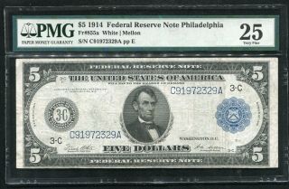 Fr.  855a 1914 $5 Frn Federal Reserve Note Philadelphia,  Pa Pmg Very Fine - 25