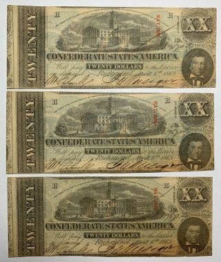 3 Piece Confederate Currency $20 1863 Sequential Serials 139670,  139671,  139672