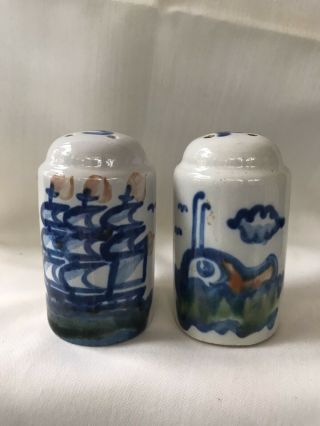 Vintage M.  A.  Hadley Ship Ocean Salt And Pepper Shakers Studio Pottery Ceramic
