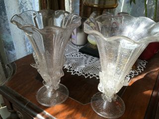 Vintage Venetian Glass Trumpet Vases With Mica Flakes And Applied Leaves
