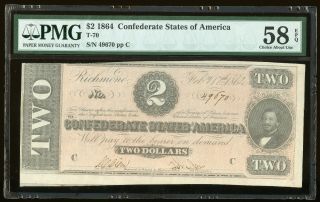 1864 $2 Confederate States of America T - 70 Consecutive Notes PMG 58 EPQ 2