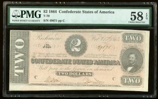 1864 $2 Confederate States of America T - 70 Consecutive Notes PMG 58 EPQ 3