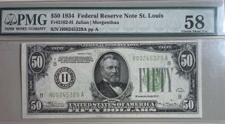 1934 $50 Federal Reserve Note St.  Louis.  Fr 2102 Pmg Choice Au 58