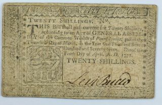 1777 Pennsylvania Twenty Shillings Colonial Note 20s - Pa - 222a