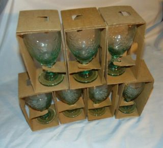Set Of 7 Libbey Spanish Green Orchard Fruit Water Goblet Glasses 7 " Tall