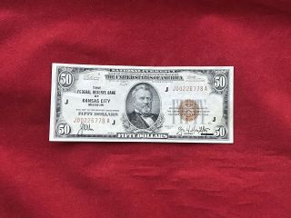 Fr - 1880j 1929 Series $50 Kansas City Federal Reserve Bank Note Very Fine,