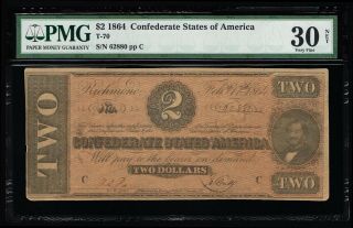 Affordable Csa T - 70 1864 Confederate $2 Note Pmg 30 Very Fine Pp - C