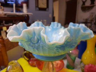 Fenton Blue And White Marble (slag) Cabbage Rose Ruffled Edge Bowl,  Fenton Art