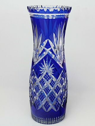 A Large Bohemian Cobalt Blue Glass Flash Cut Vase 12 Inches (31 Cm) Tall