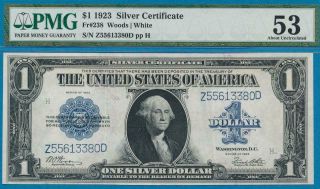 $1.  00 1923 FR.  238 SILVER CERTIFICATE BLUE SEAL ATTRACTIVE PMG AU53 2