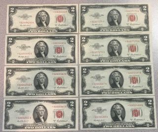 8 Piece Sequential Serial Numbers Us $2 Red Seal Star Note Series 1953 A