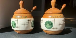 Vintage Wooden/ceramic 2 Jar Relish & Mustard Condiment Holder - Japan With Spoons