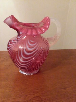 Fenton Glass Cranberry & White Opalescent Swirl Pitcher/vase Opalescent Handle