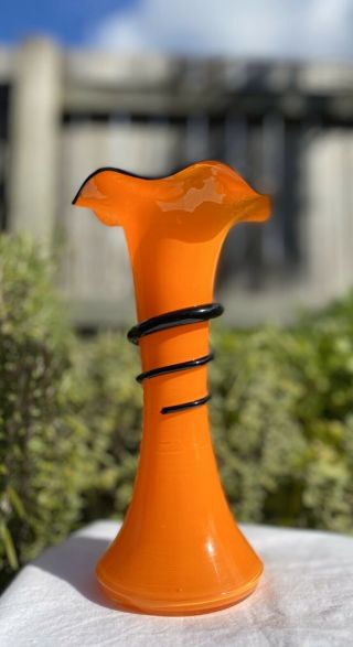 1920s Orange & Black Art Deco Art Glass Spiral Czech Loetz Tango Vase Retro