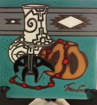 Cleo Teissedre Art 6” Tile Trivet Signed Vintage Southwest,  1984,  Handpainted