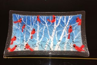 Peggy Karr Fused Glass 9.  5 “winter Cardinal Rectangular Divided Tray