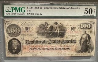 $100,  1862 - 63 Csa,  T - 41,  Pmg - Almost Unc 50