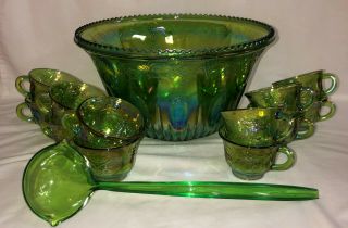14 Pc Indiana Harvest Green Carnival Iridescent Punch Bowl Set