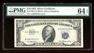 Dbr 1953 $10 Silver Fr.  1706 Pmg 64 Epq Serial A10050325a