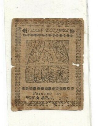 Authentic Feb 26 1777 Md Three Dollars Colonial Continental Currency