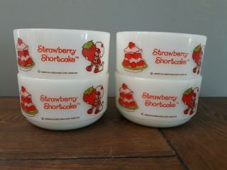 4 Vintage 1980s Strawberry Shortcake Milk Glass Fire King Oven Proof Bowls