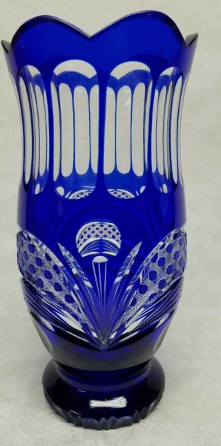 Bohemian Czech Cobalt Blue Cut To Clear Crystal Vase 10 " X 5 "