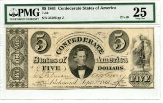 1861 $5 Confederate Currency T - 34 Pmg 25