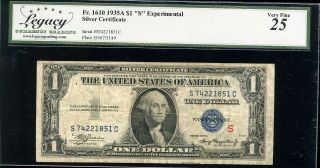 1935a $1 Silver Certificate Fr.  1610 Vf25 S74221851c " S " Experimental