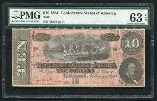 T - 68 1864 $10 Csa Confederate States Of America Currency Note Pmg Unc - 63epq