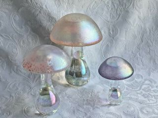 Heron Glass Set Of Three Mushrooms In Peach,  Pink And Lilac - Made In Uk - Boxed