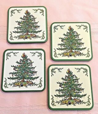 Spode Pimpernel Set Of 4 Coasters Christmas Tree Cork Back (gently)