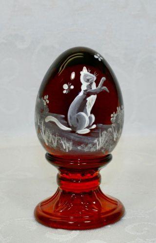 Fenton,  Egg On Stand,  Ruby Glass,  " Mary Gregory " Design,  Limited Edition.