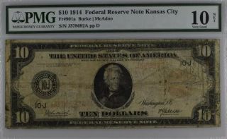 1914 $10 Federal Reserve Note Kansas City Fr 901a Large Note Red Seal Pmg 10