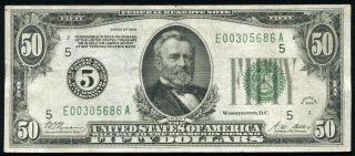 Fr.  2100 - E 1928 $50 Frn Federal Reserve Note “numerical Gold On Demand”