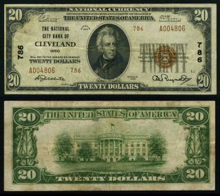 Cleveland Oh $20 1929 T - 2 National Bank Note Ch 786 National City Bank Very F,