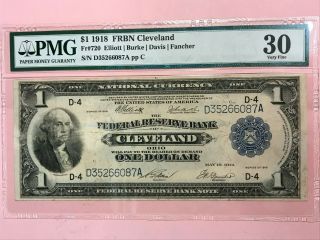 1918 $1 One Dollar Federal Reserve Bank Of Cleveland Ohio Note D - 4 Pmg 30 Vf