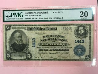 1902 $5 Merchants National Bank Of Baltimore Maryland Note Plain Back Pmg 20 Vf