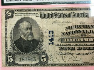 1902 $5 Merchants National Bank of Baltimore Maryland Note Plain Back PMG 20 VF 2
