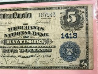 1902 $5 Merchants National Bank of Baltimore Maryland Note Plain Back PMG 20 VF 3