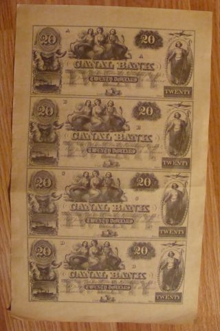 Obsolete Currency 4x20 Dollars Canal Bank Uncut Sheet