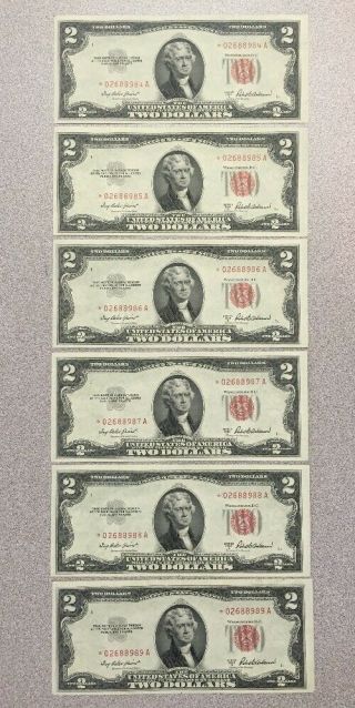 6 Piece Sequential Serial Numbers Us $2 Red Seal Star Notes Series 1953 A