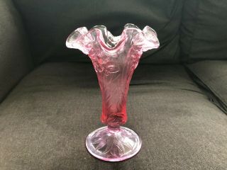 Vintage Fenton Art Glass Pink Daffodil Vase Ruffles Flowers