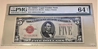 $5 1928d Legal Tender Note - Fr.  1529 - Pmg 64 Choice Uncirculated - Net - Red Seal